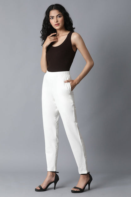 Off White Solid Straight-fit Cotton Pants with Elasticated Waistband