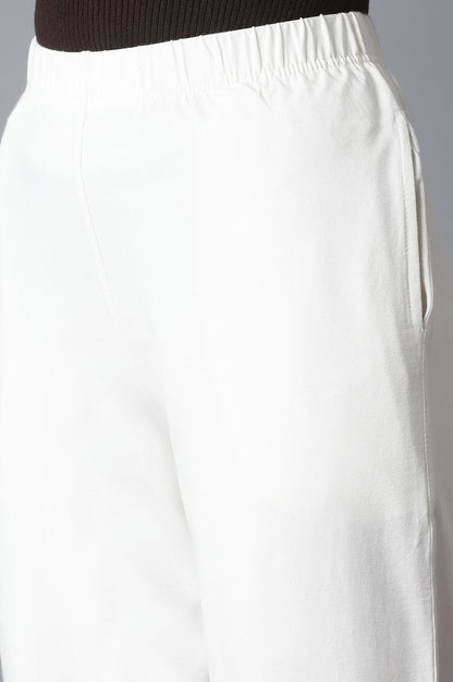 Off White Solid Straight-fit Cotton Pants with Elasticated Waistband