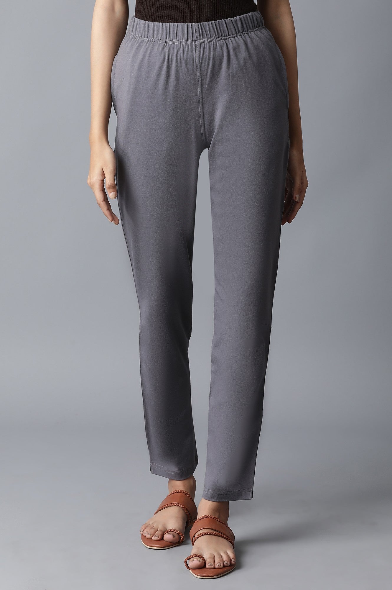 Grey Solid Straight Fit Cotton Pants With Elasticated Waist