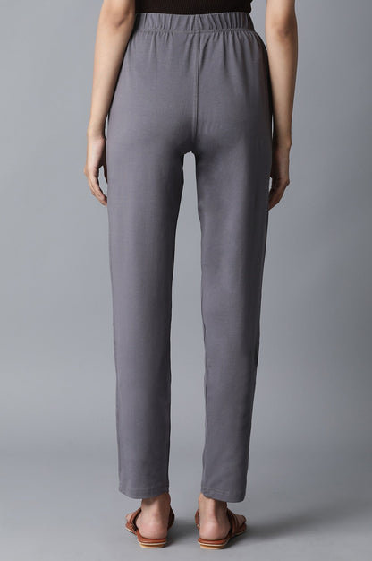 Grey Solid Straight Fit Cotton Pants With Elasticated Waist