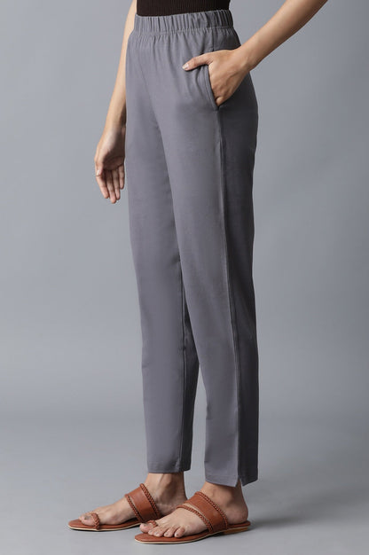 Grey Solid Straight Fit Cotton Pants With Elasticated Waist