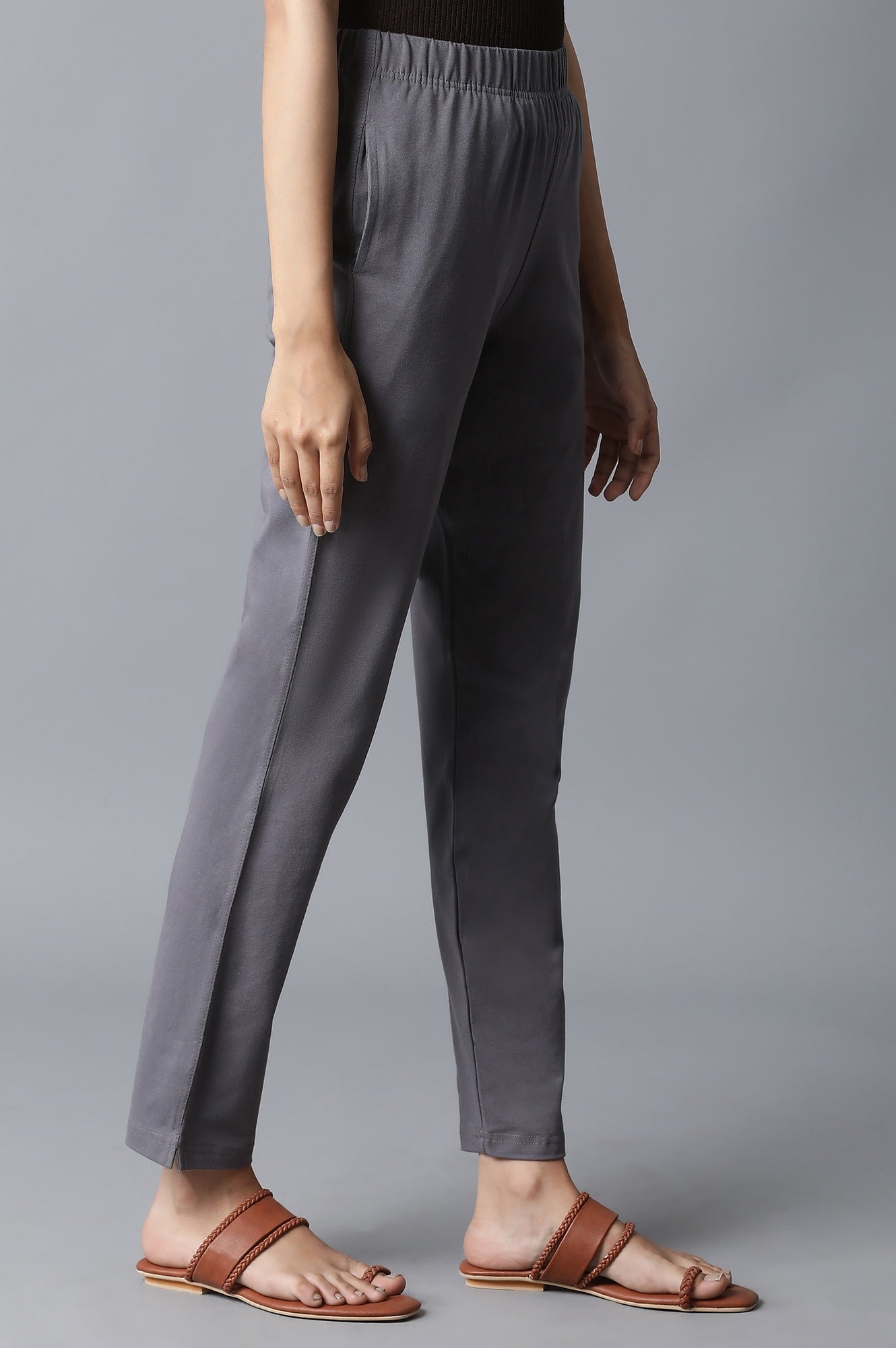 Grey Solid Straight Fit Cotton Pants With Elasticated Waist