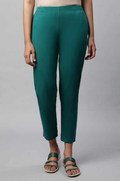 Green Solid Straight Fit Cotton Pants With Elasticated Waist