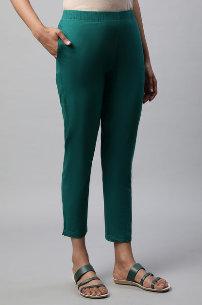 Green Solid Straight Fit Cotton Pants With Elasticated Waist