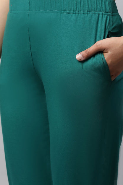 Green Solid Straight Fit Cotton Pants With Elasticated Waist