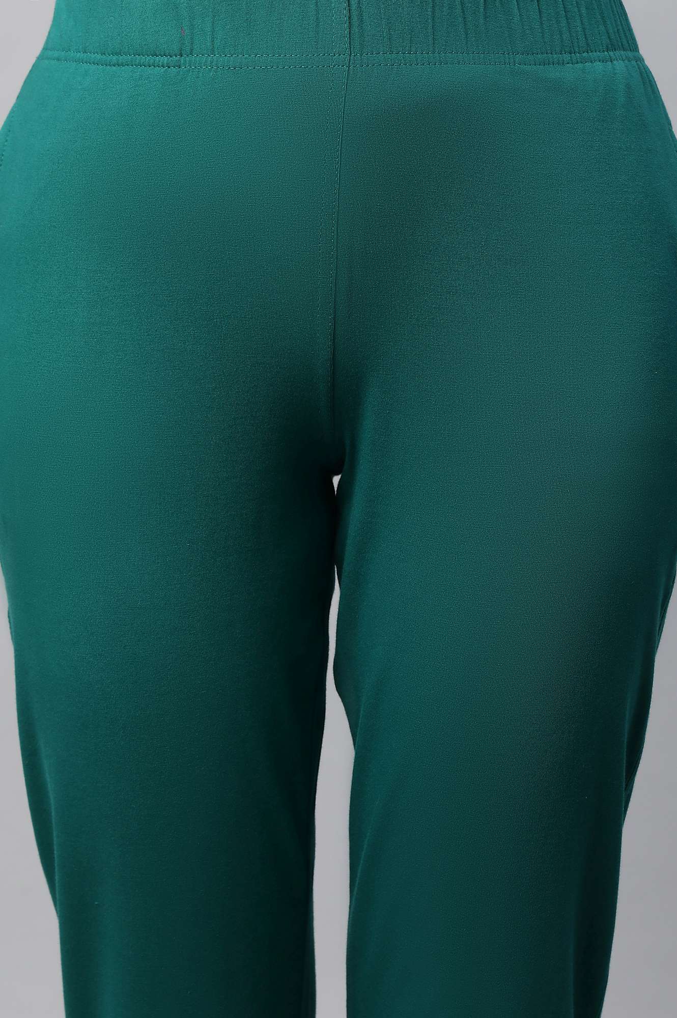 Green Solid Straight Fit Cotton Pants With Elasticated Waist
