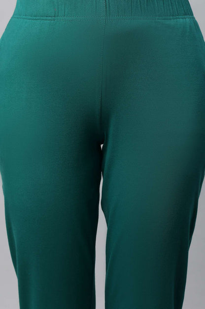 Green Solid Straight Fit Cotton Pants With Elasticated Waist