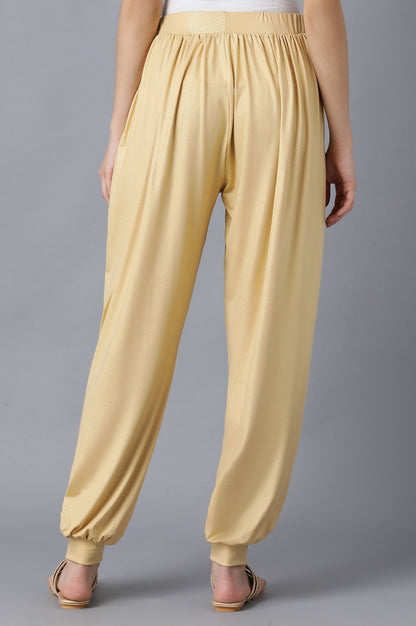 Gold Solid Loose Fit Pants With Elasticated Waist