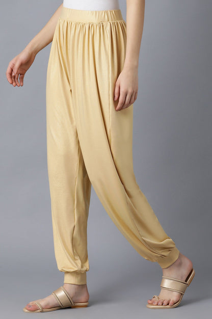 Gold Solid Loose Fit Pants With Elasticated Waist