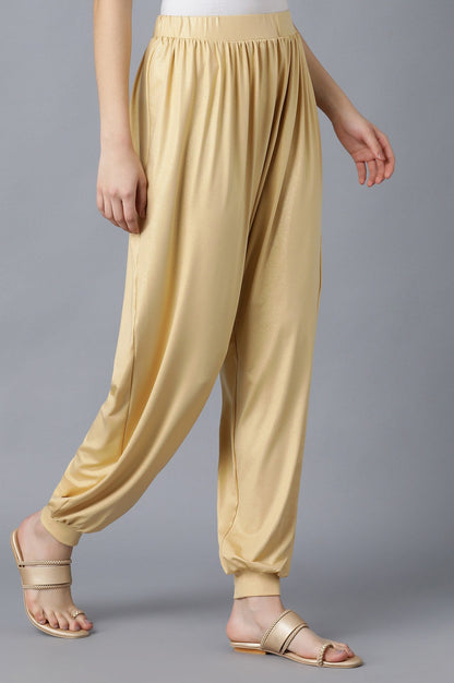 Gold Solid Loose Fit Pants With Elasticated Waist