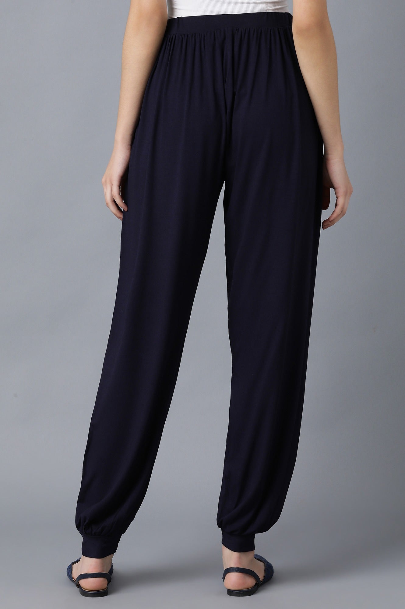 Navy Blue Solid Flared Pants With Elasticated Waistband