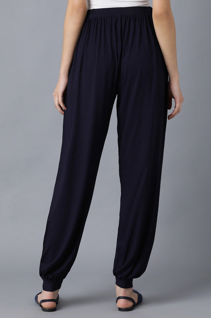 Navy Blue Solid Flared Pants With Elasticated Waistband