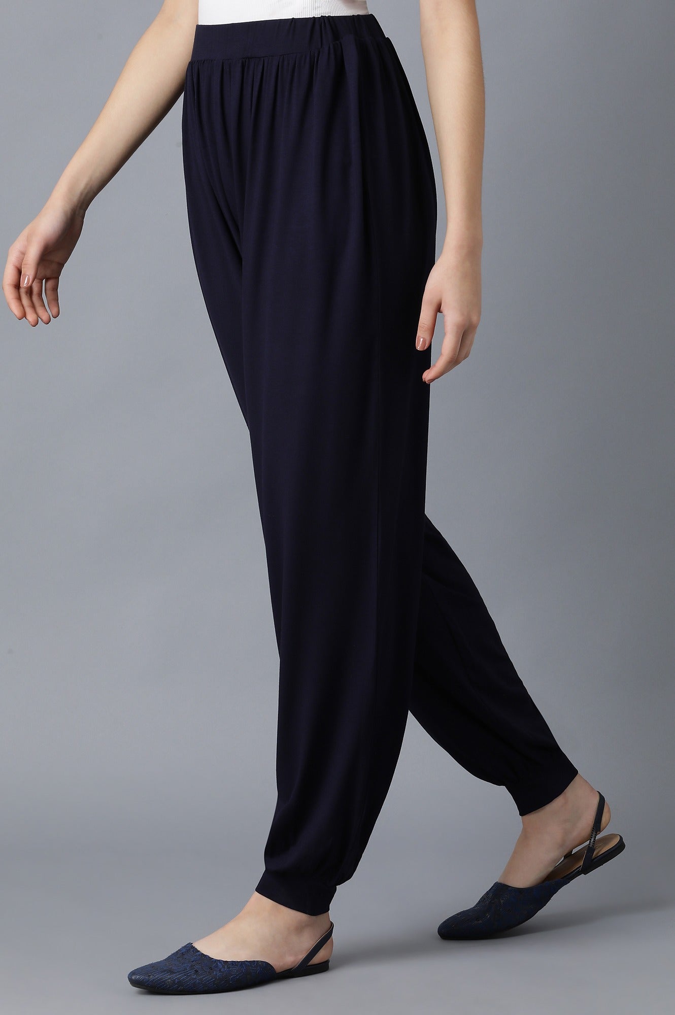 Navy Blue Solid Flared Pants With Elasticated Waistband