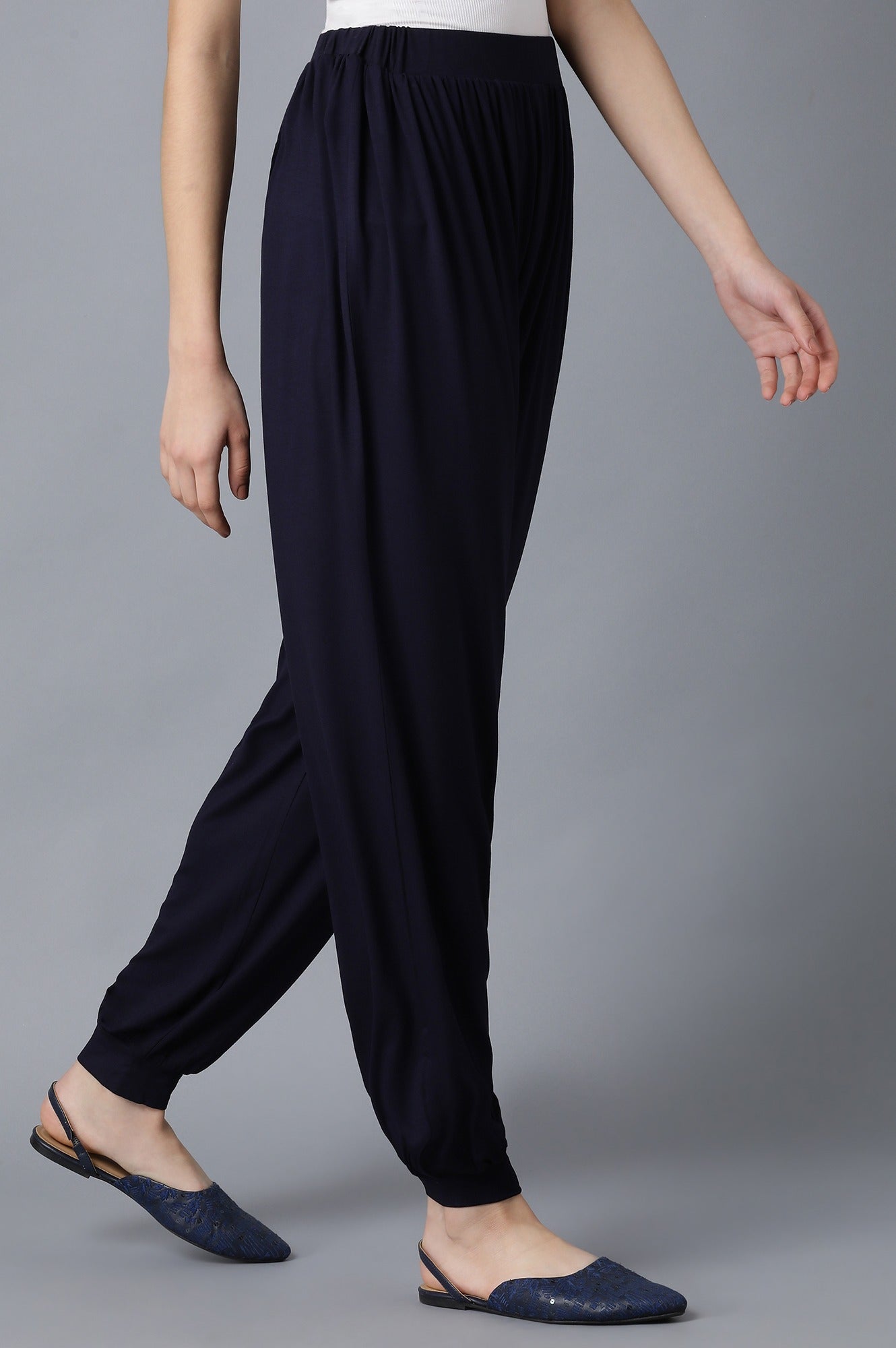 Navy Blue Solid Flared Pants With Elasticated Waistband