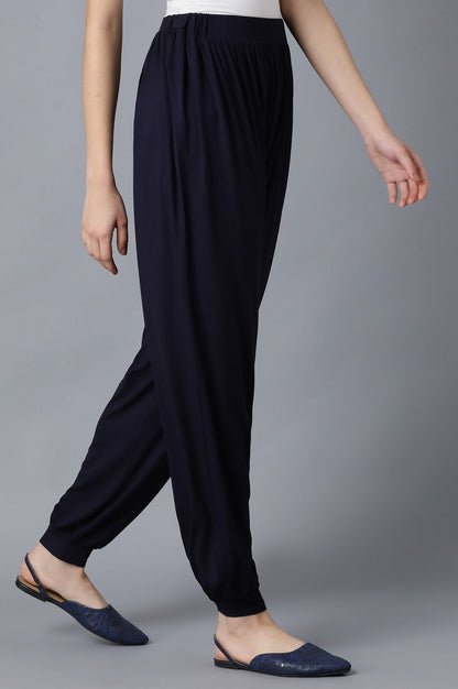 Navy Blue Solid Flared Pants With Elasticated Waistband