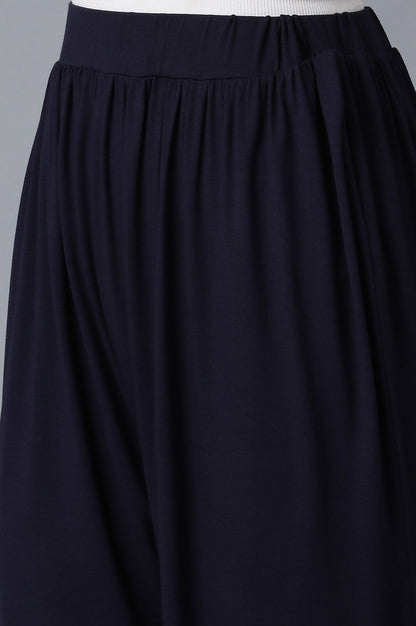 Navy Blue Solid Flared Pants With Elasticated Waistband