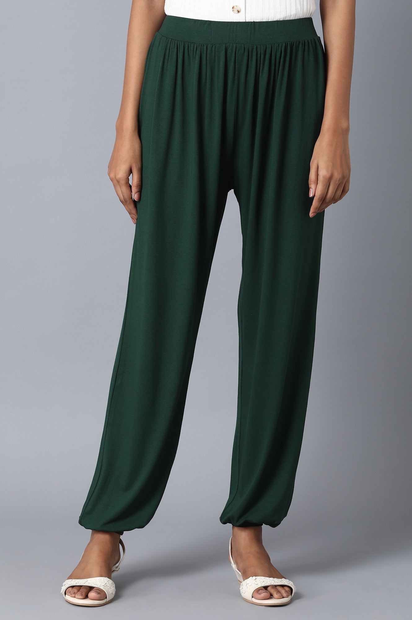 Dark Green Solid Flared Pants With Elasticated Waist