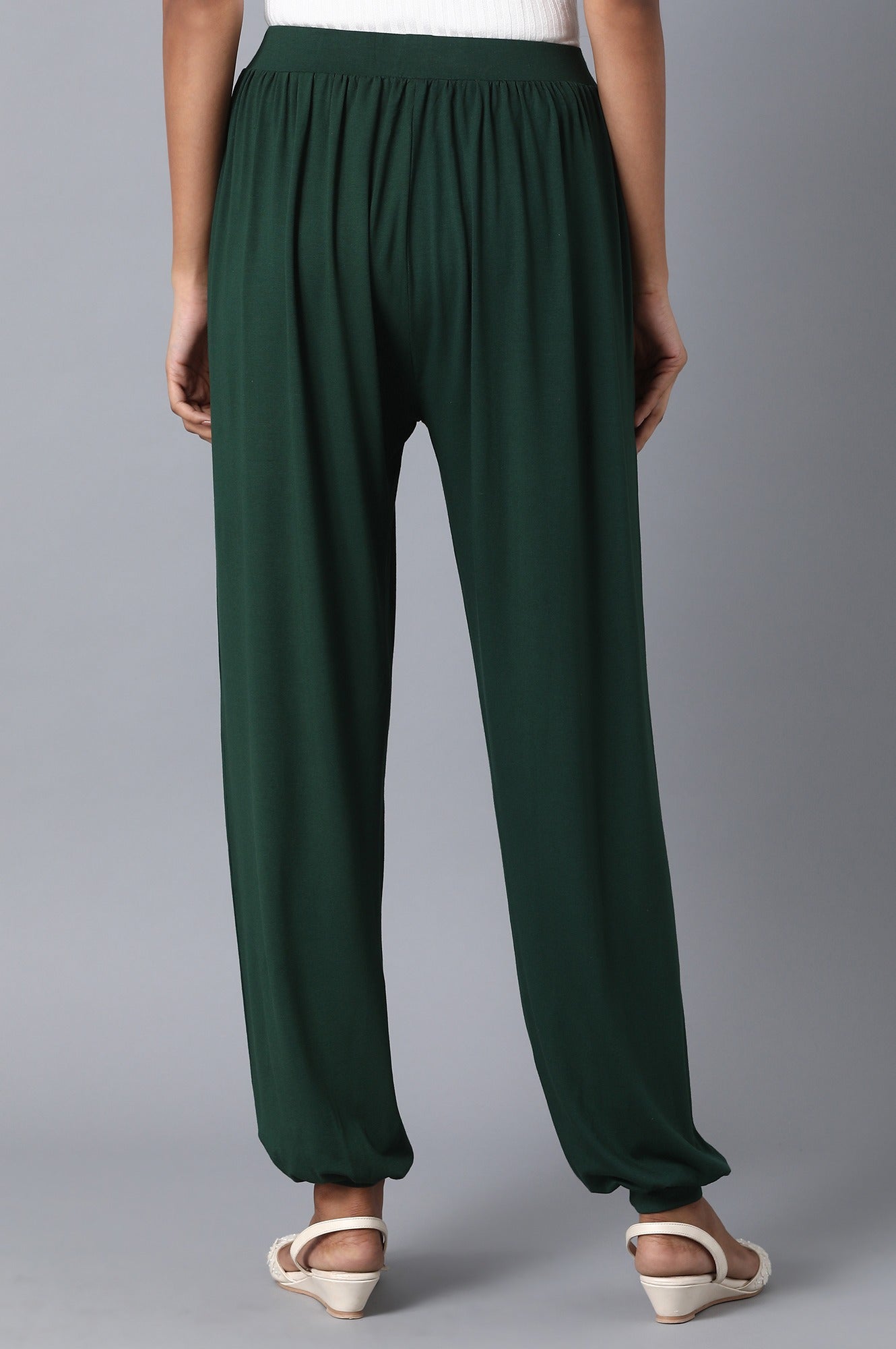 Dark Green Solid Flared Pants With Elasticated Waist