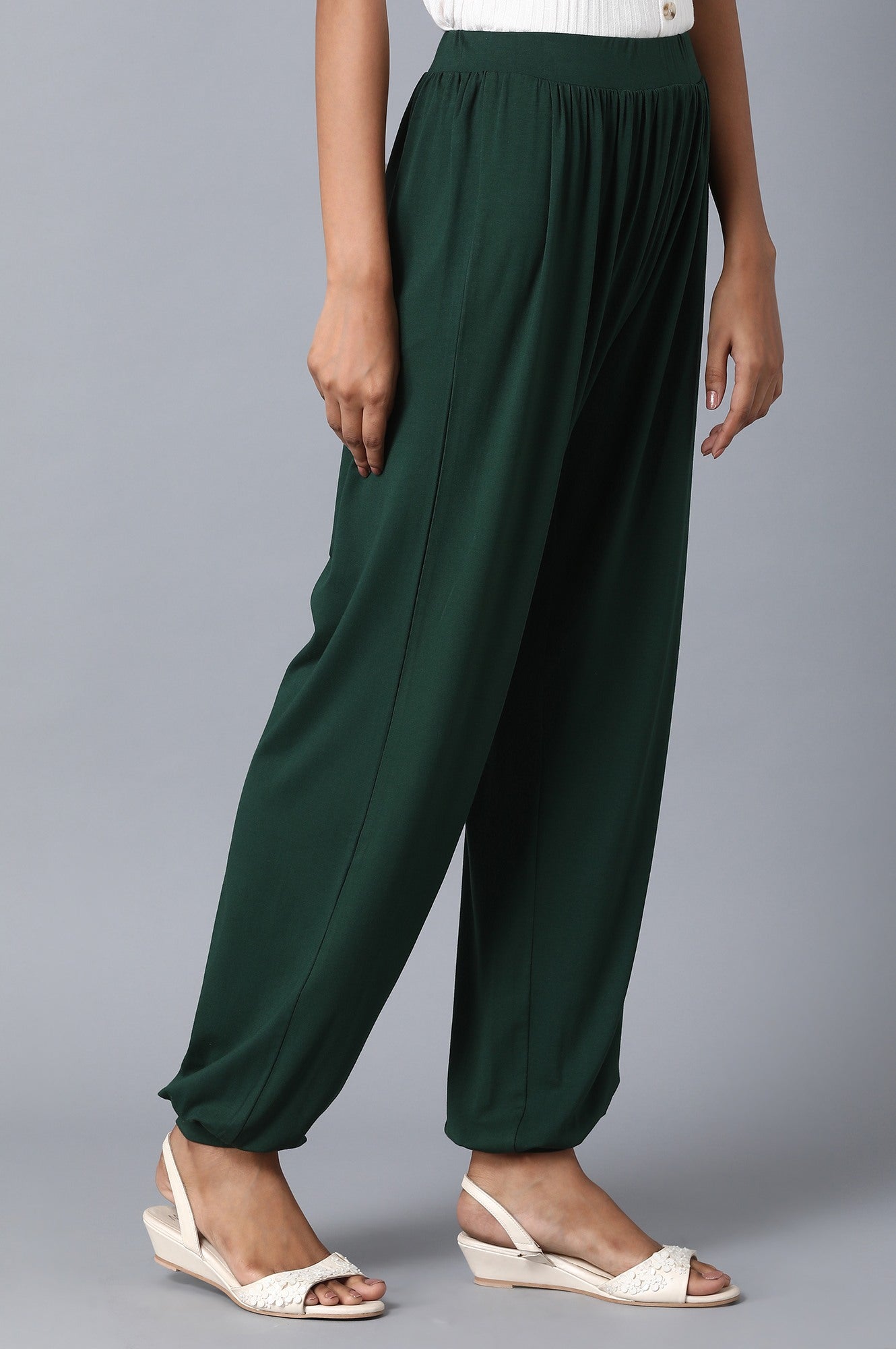 Dark Green Solid Flared Pants With Elasticated Waist