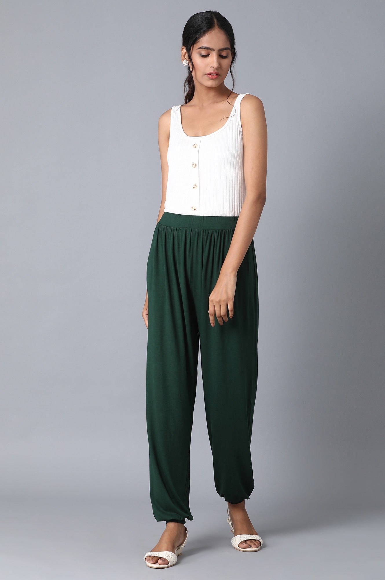 Dark Green Solid Flared Pants With Elasticated Waist