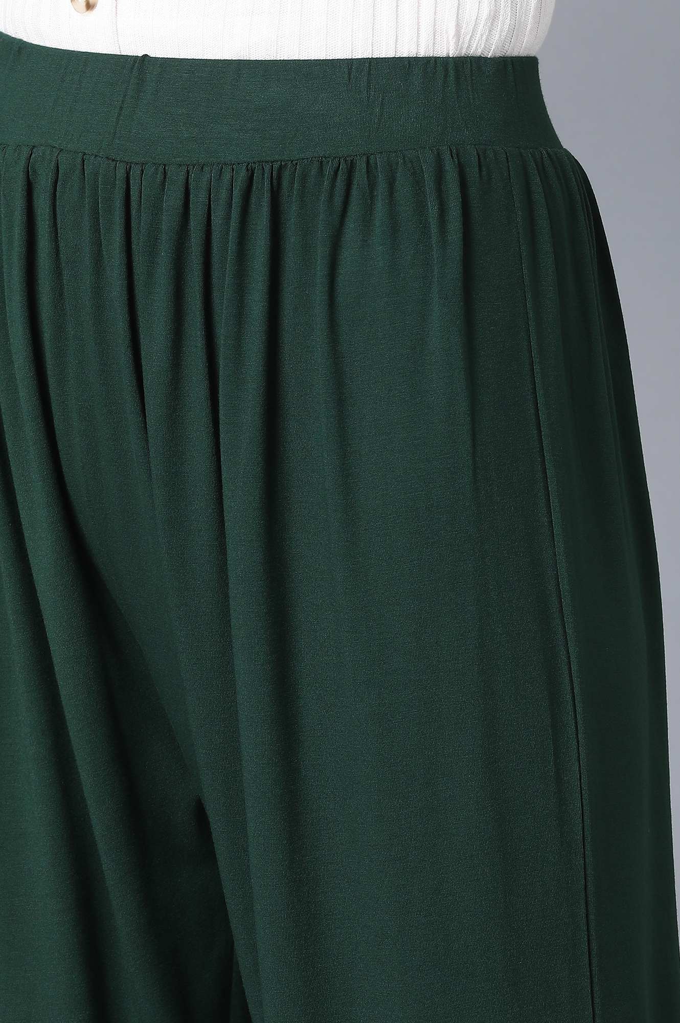Dark Green Solid Flared Pants With Elasticated Waist