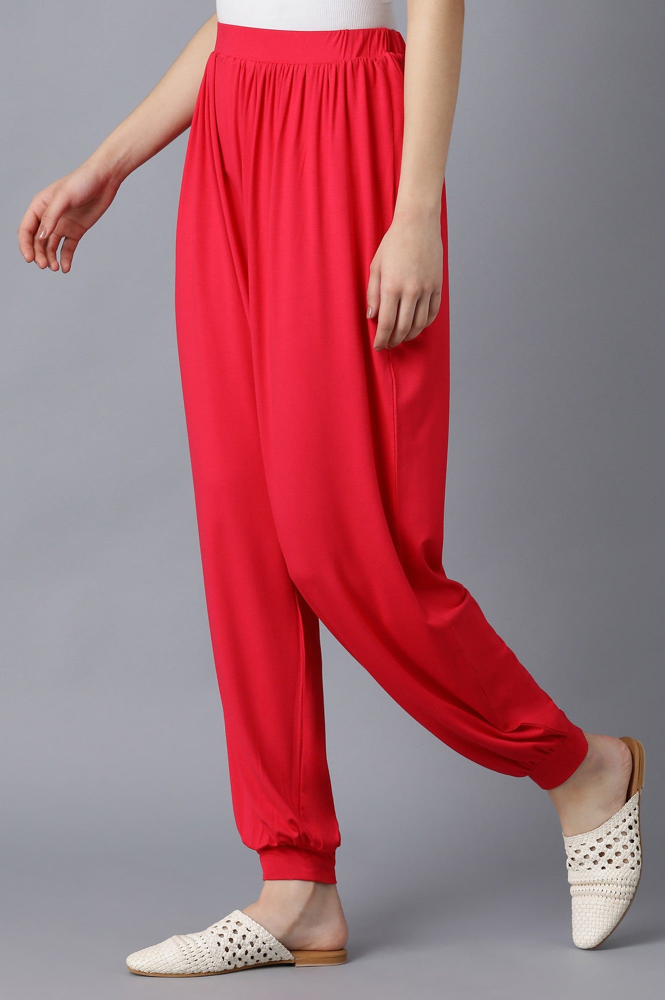 Red Solid Flared Pants With Elasticated Waist