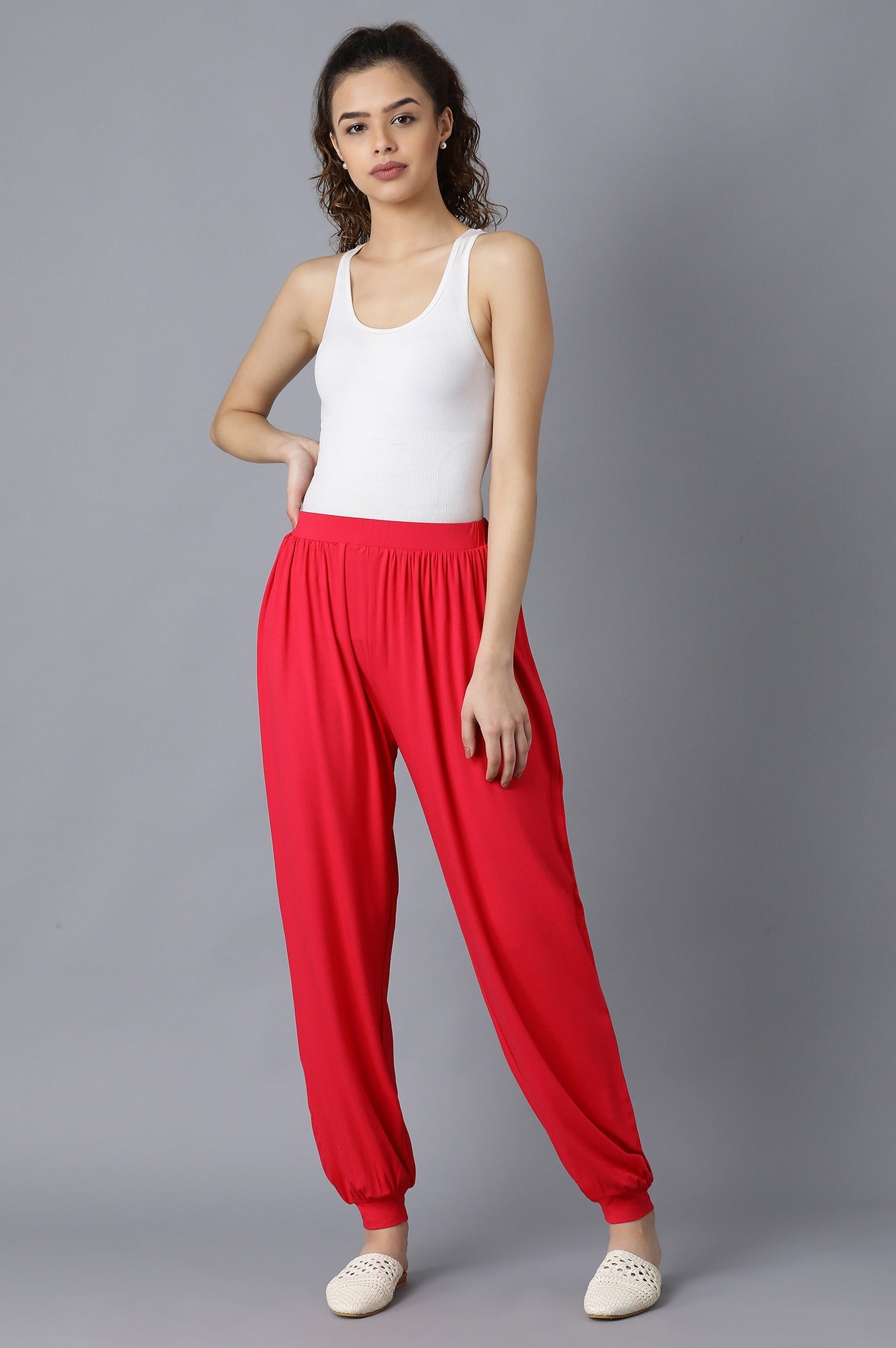 Red Solid Flared Pants With Elasticated Waist