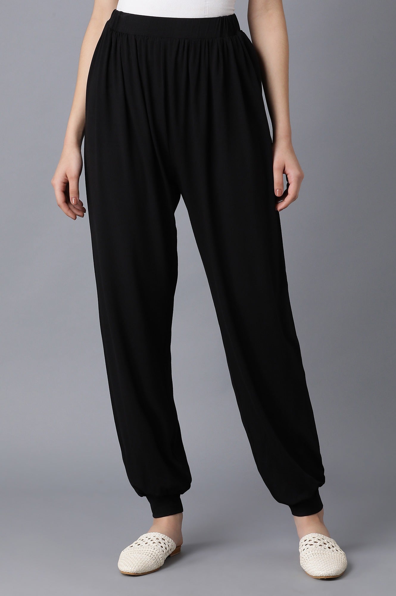 Black Solid Flared Pants With Elasticated Waist