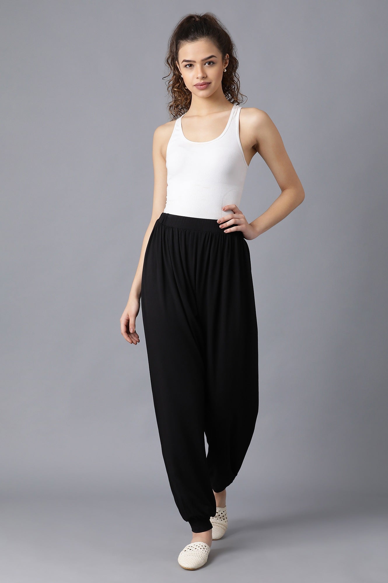 Black Solid Flared Pants With Elasticated Waist