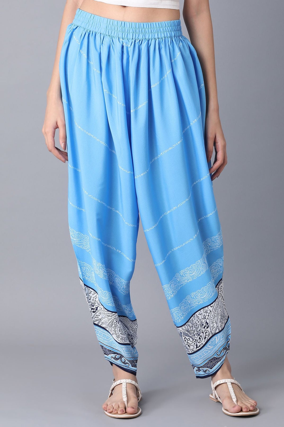 Elleven Women's Blue Printed Flared Cotton Salwar With Elasticated Waistband - XS