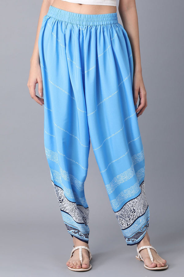 Elleven Women's Blue Printed Flared Cotton Salwar With Elasticated Waistband