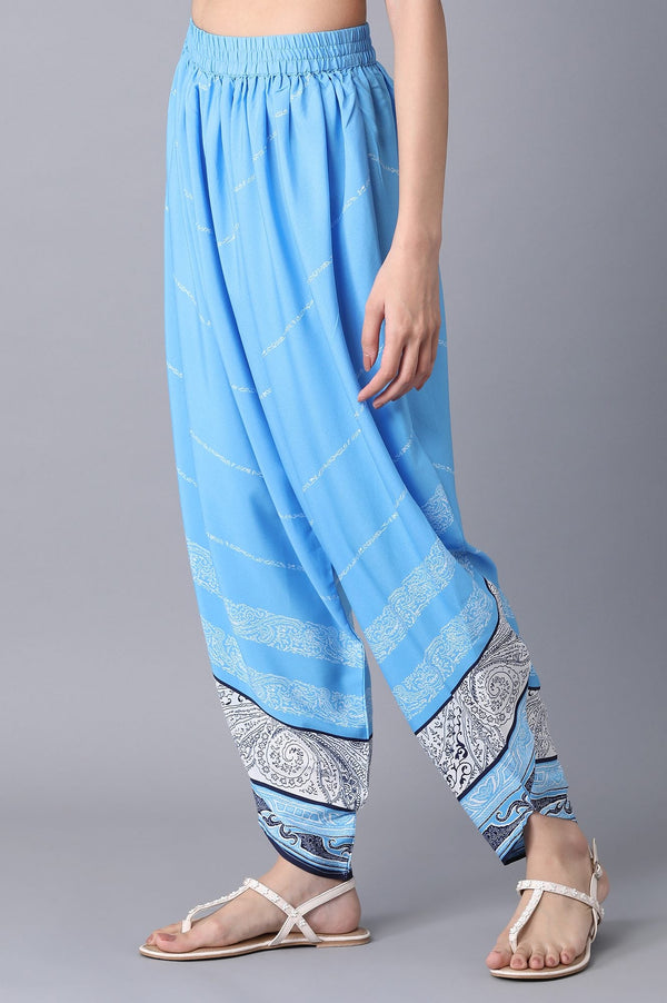 Elleven Women's Blue Printed Flared Cotton Salwar With Elasticated Waistband