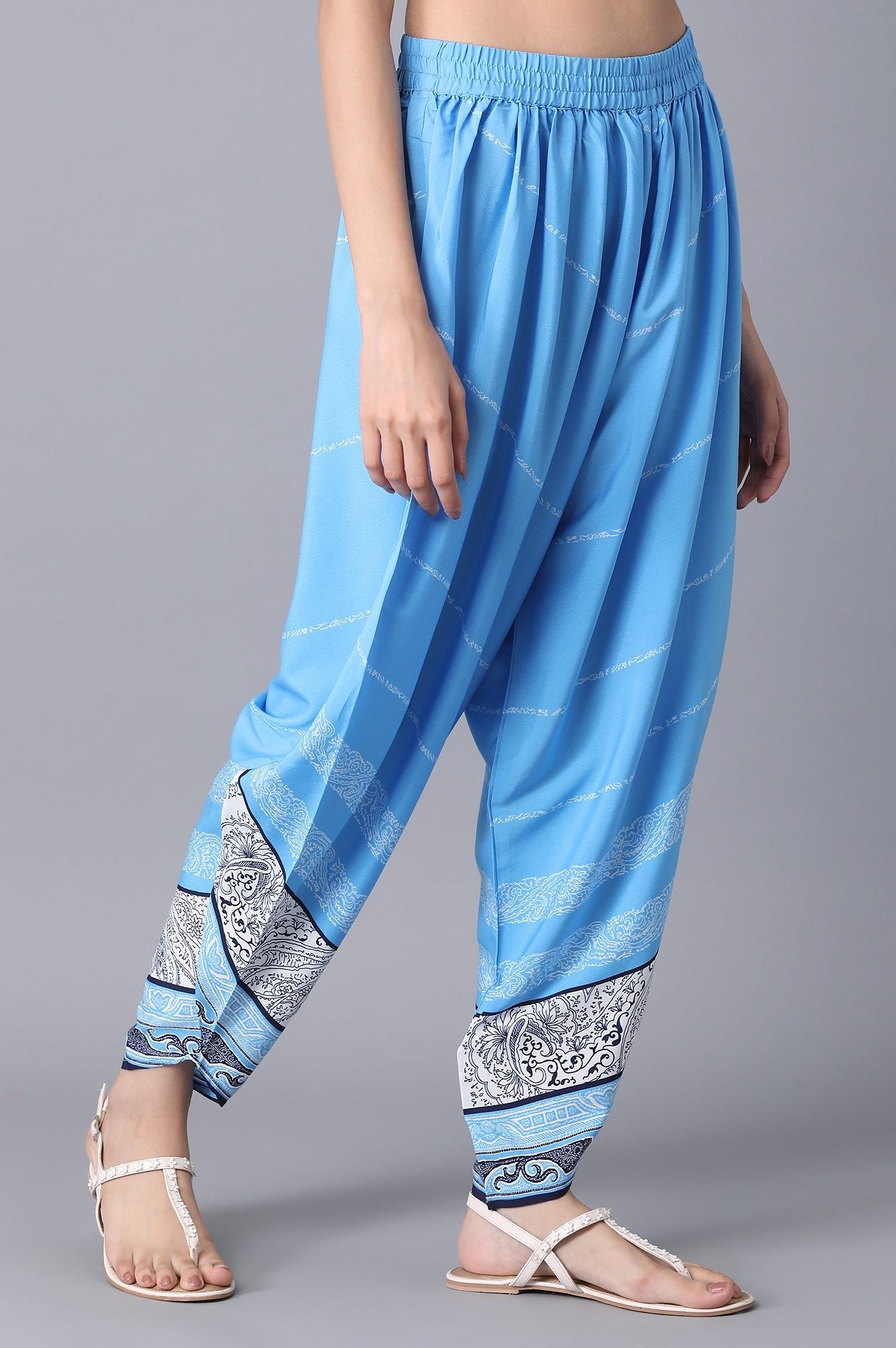 Blue Printed Flared Cotton Salwar With Elasticated Waistband