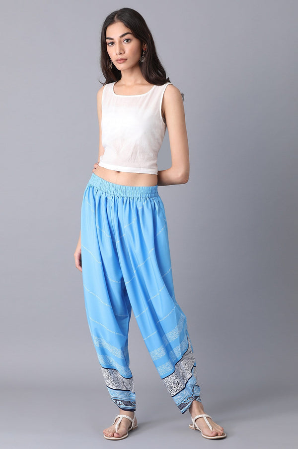 Elleven Women's Blue Printed Flared Cotton Salwar With Elasticated Waistband