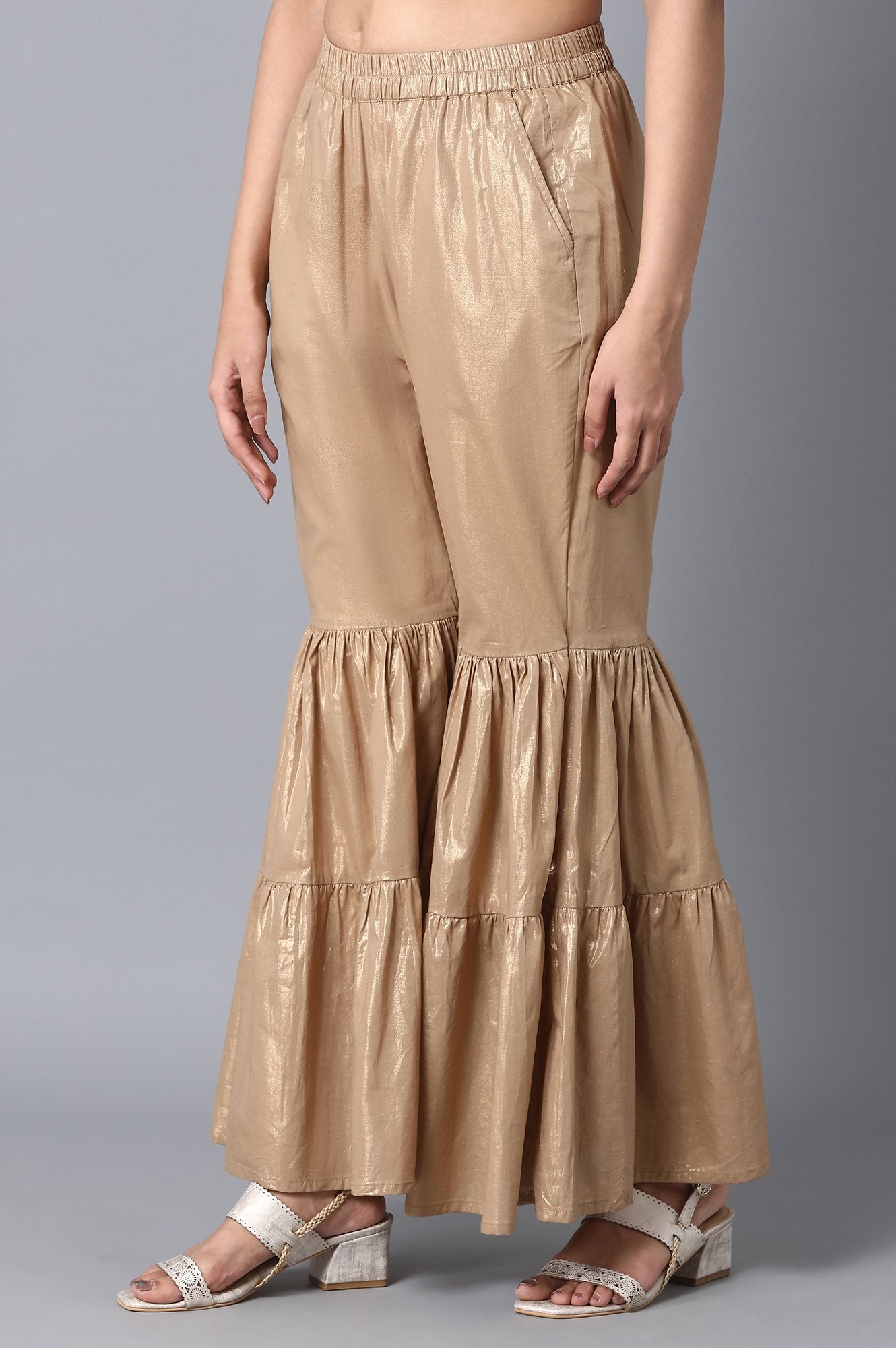 Gold Textured Flared Cotton Palazzo With Elasticated Waist