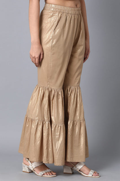 Gold Textured Flared Cotton Palazzo With Elasticated Waist