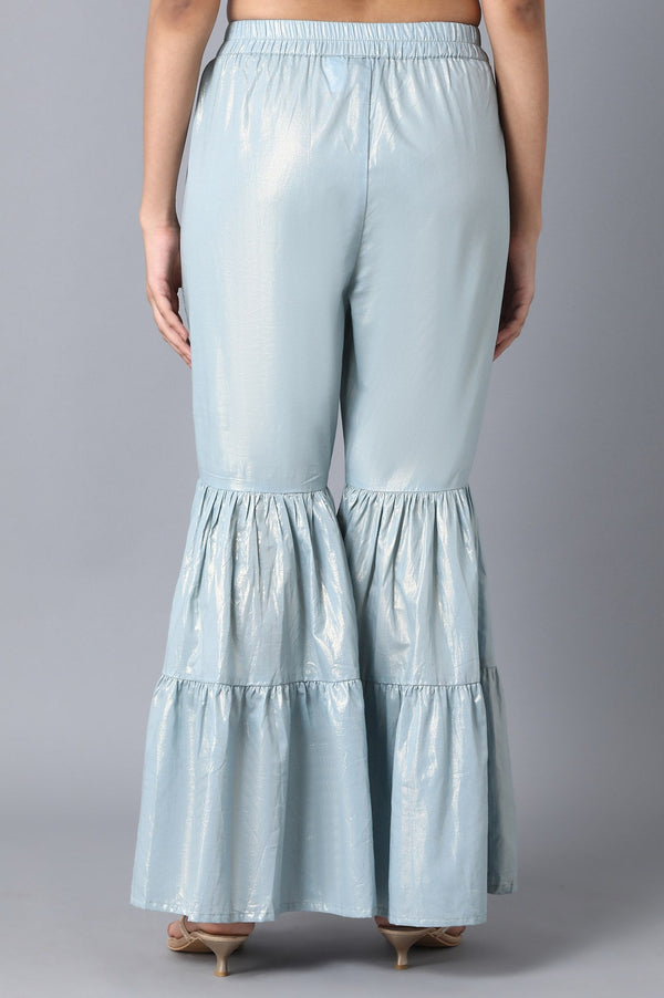 Light Blue Textured Flared Cotton Palazzo With Elasticated Waist