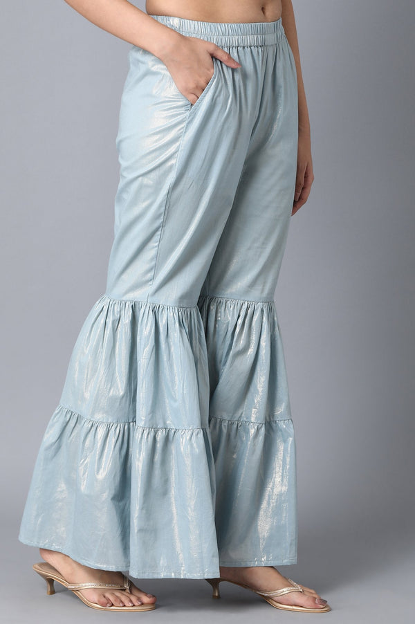 Light Blue Textured Flared Cotton Palazzo With Elasticated Waist