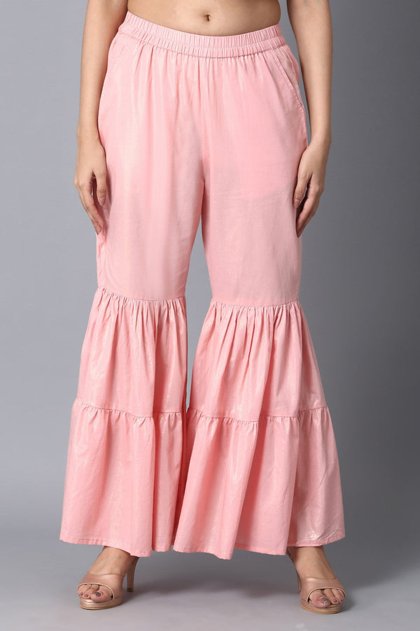 Light Pink Textured Flared Cotton Palazzo With Elasticated Waistband