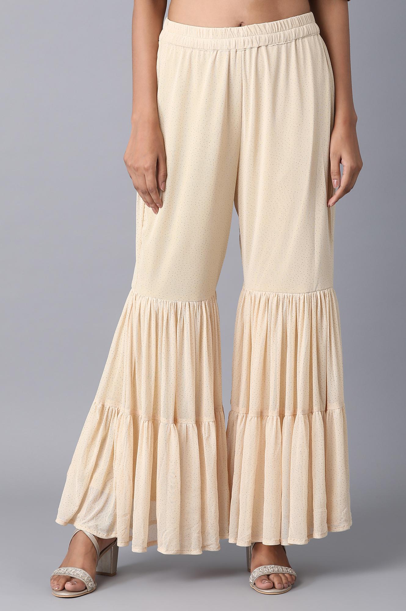 Gold Solid Flared Woven Palazzo With Elasticated Waistband