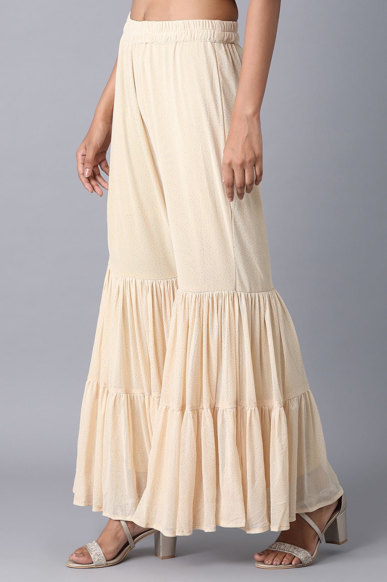 Gold Solid Flared Woven Palazzo With Elasticated Waistband