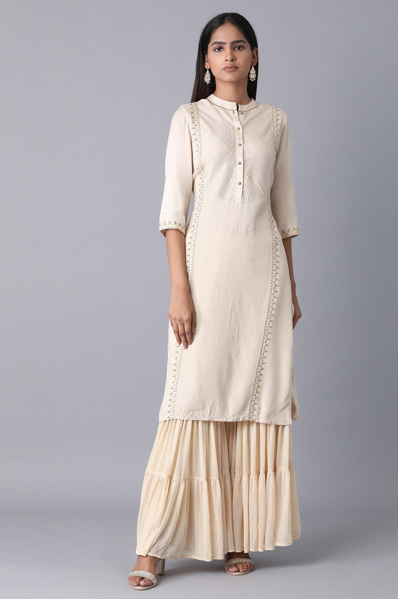 Gold Solid Flared Woven Palazzo With Elasticated Waistband