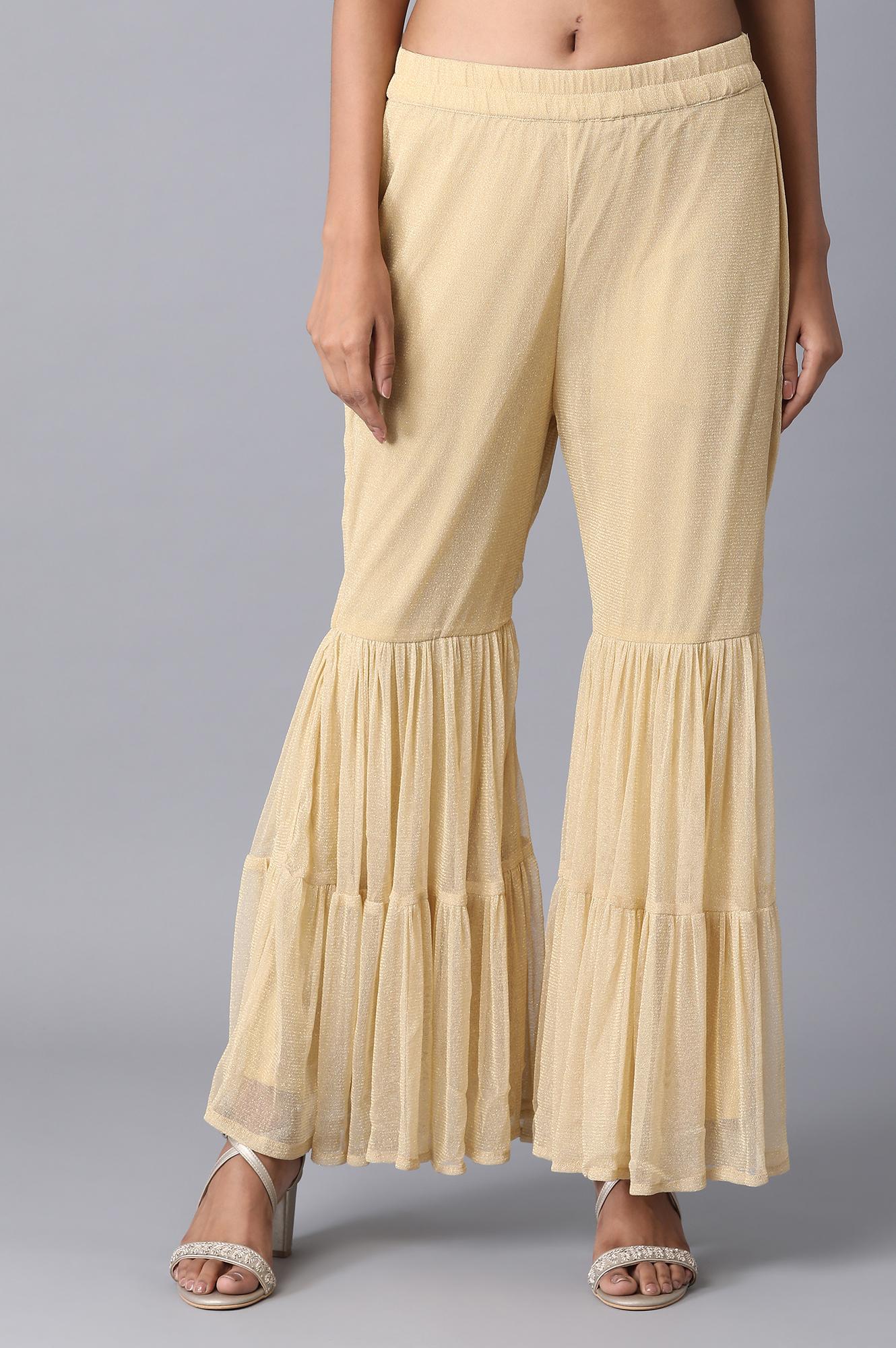 Gold Solid Flared Woven Palazzo With Elasticated Waist