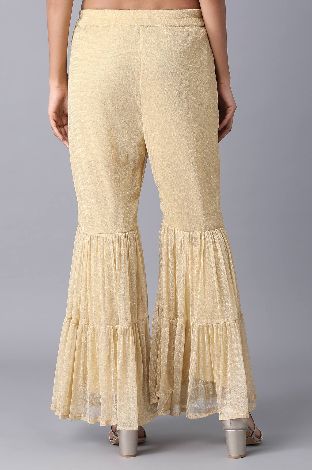 Gold Solid Flared Woven Palazzo With Elasticated Waist