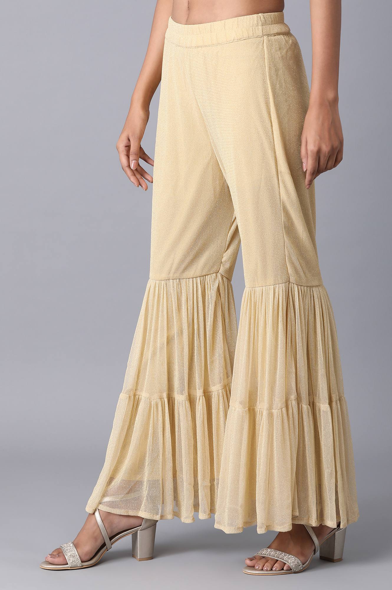 Gold Solid Flared Woven Palazzo With Elasticated Waist