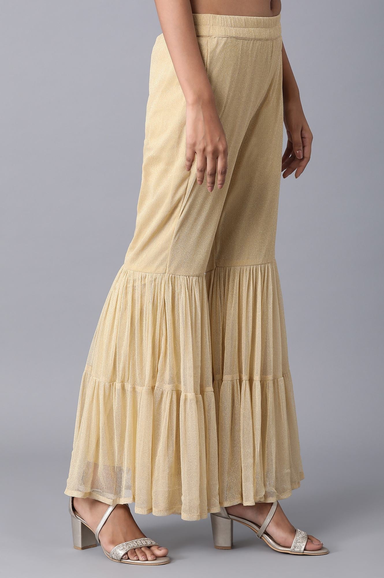 Gold Solid Flared Woven Palazzo With Elasticated Waist