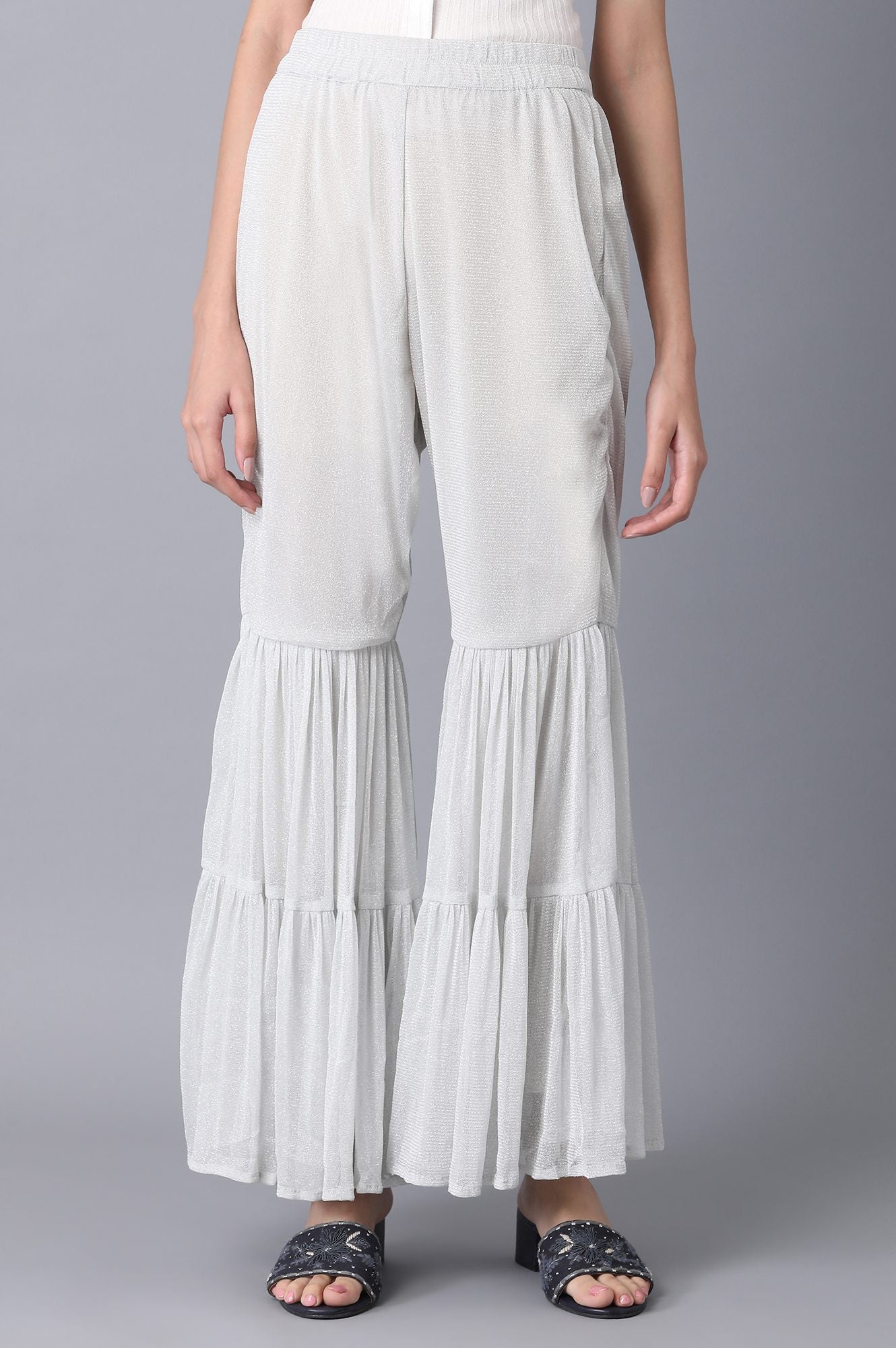 Silver Solid Flared Woven Palazzo With Elasticated Waist