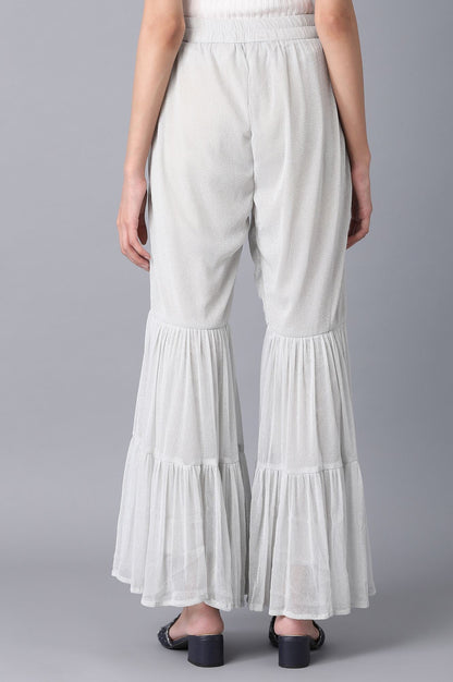 Silver Solid Flared Woven Palazzo With Elasticated Waist