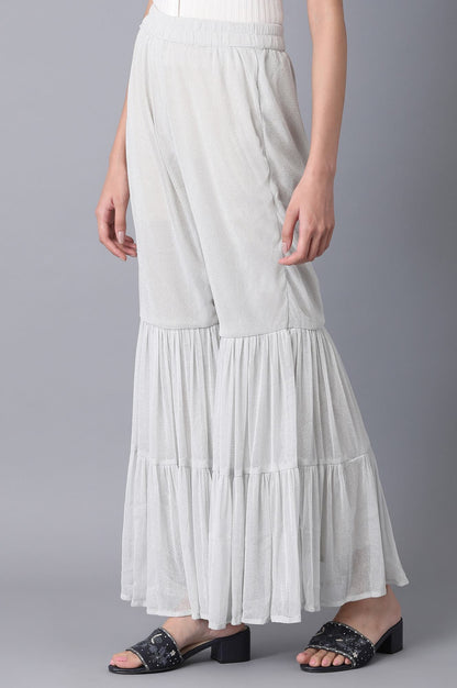 Silver Solid Flared Woven Palazzo With Elasticated Waist
