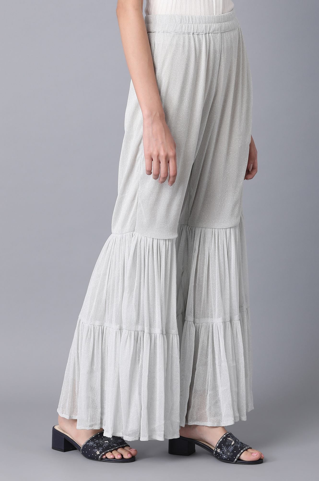 Silver Solid Flared Woven Palazzo With Elasticated Waist